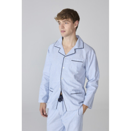 Conjunto de pijama para hombre azul a rayas con camiseta abotonada Conjunto de pijama para hombre azul a rayas con camiseta abotonada