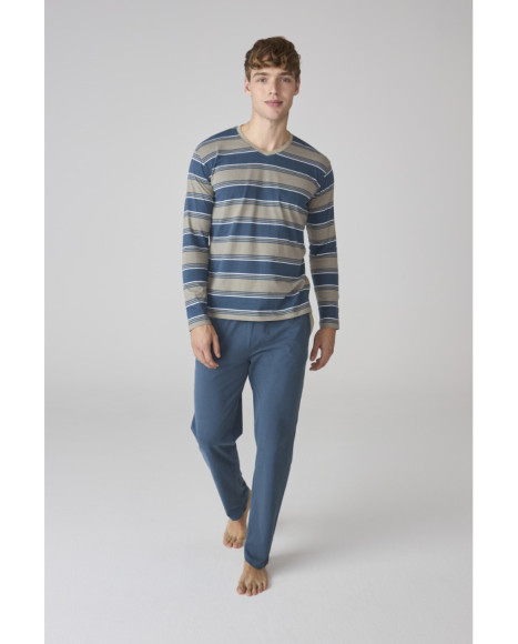 Conjunto de pijama para hombre a rayas azules con pantalón liso en tono azul Conjunto de pijama para hombre a rayas azules con pantalón liso en tono azul