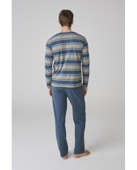 Conjunto de pijama para hombre a rayas azules con pantalón liso en tono azul Conjunto de pijama para hombre a rayas azules con pantalón liso en tono azul