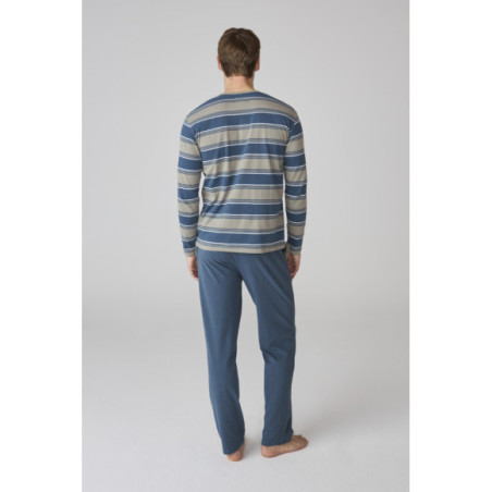 Conjunto de pijama para hombre a rayas azules con pantalón liso en tono azul Conjunto de pijama para hombre a rayas azules con pantalón liso en tono azul