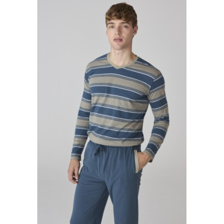 Conjunto de pijama para hombre a rayas azules con pantalón liso en tono azul Conjunto de pijama para hombre a rayas azules con pantalón liso en tono azul
