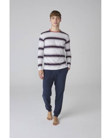 Pijama para hombre en azul marino con camiseta a rayas y pantalón liso Pijama para hombre en azul marino con camiseta a rayas y pantalón liso