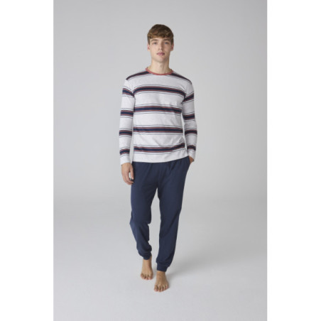 Pijama para hombre en azul marino con camiseta a rayas y pantalón liso Pijama para hombre en azul marino con camiseta a rayas y pantalón liso