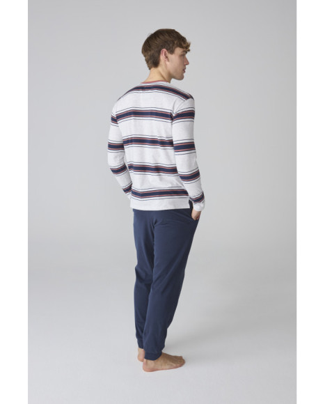Pijama para hombre en azul marino con camiseta a rayas y pantalón liso Pijama para hombre en azul marino con camiseta a rayas y pantalón liso