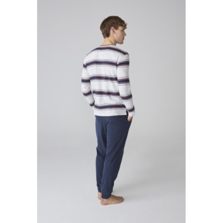 Pijama para hombre en azul marino con camiseta a rayas y pantalón liso Pijama para hombre en azul marino con camiseta a rayas y pantalón liso