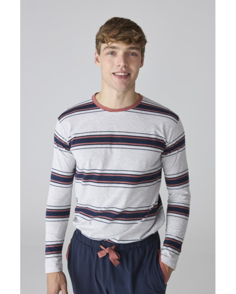 Pijama para hombre en azul marino con camiseta a rayas y pantalón liso Pijama para hombre en azul marino con camiseta a rayas y pantalón liso