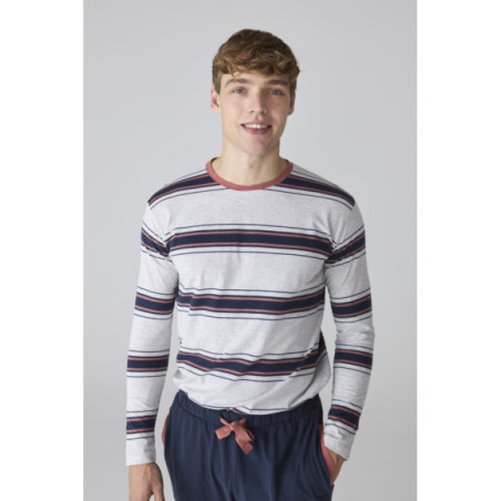 Pijama para hombre en azul marino con camiseta a rayas y pantalón liso Pijama para hombre en azul marino con camiseta a rayas y pantalón liso
