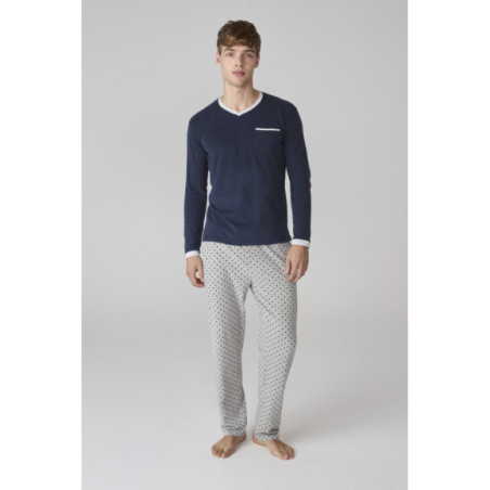 Set de pijama para hombre en azul marino con pantalón gris de lunares Set de pijama para hombre en azul marino con pantalón gris de lunares
