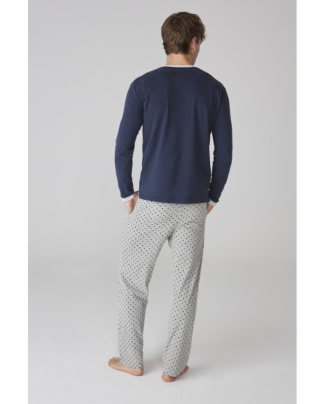 Set de pijama para hombre en azul marino con pantalón gris de lunares Set de pijama para hombre en azul marino con pantalón gris de lunares