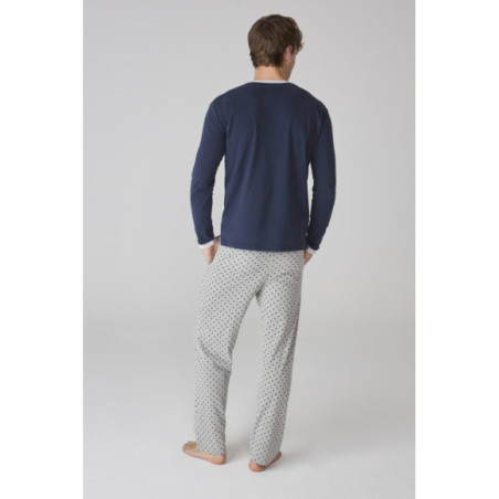 Set de pijama para hombre en azul marino con pantalón gris de lunares Set de pijama para hombre en azul marino con pantalón gris de lunares