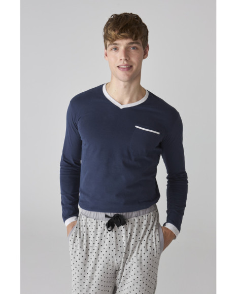 Set de pijama para hombre en azul marino con pantalón gris de lunares Set de pijama para hombre en azul marino con pantalón gris de lunares