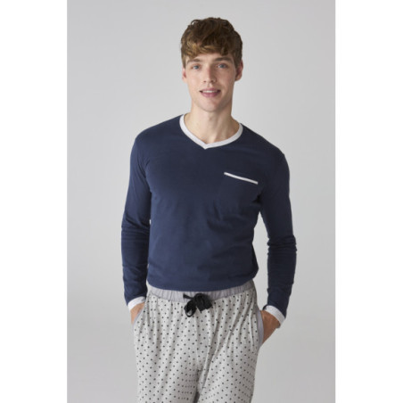 Set de pijama para hombre en azul marino con pantalón gris de lunares Set de pijama para hombre en azul marino con pantalón gris de lunares