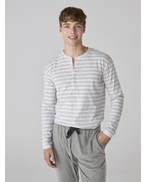 Set de pijama para hombre en gris jaspeado con camiseta a rayas y pantalón liso Set de pijama para hombre en gris jaspeado con camiseta a rayas y pantalón liso